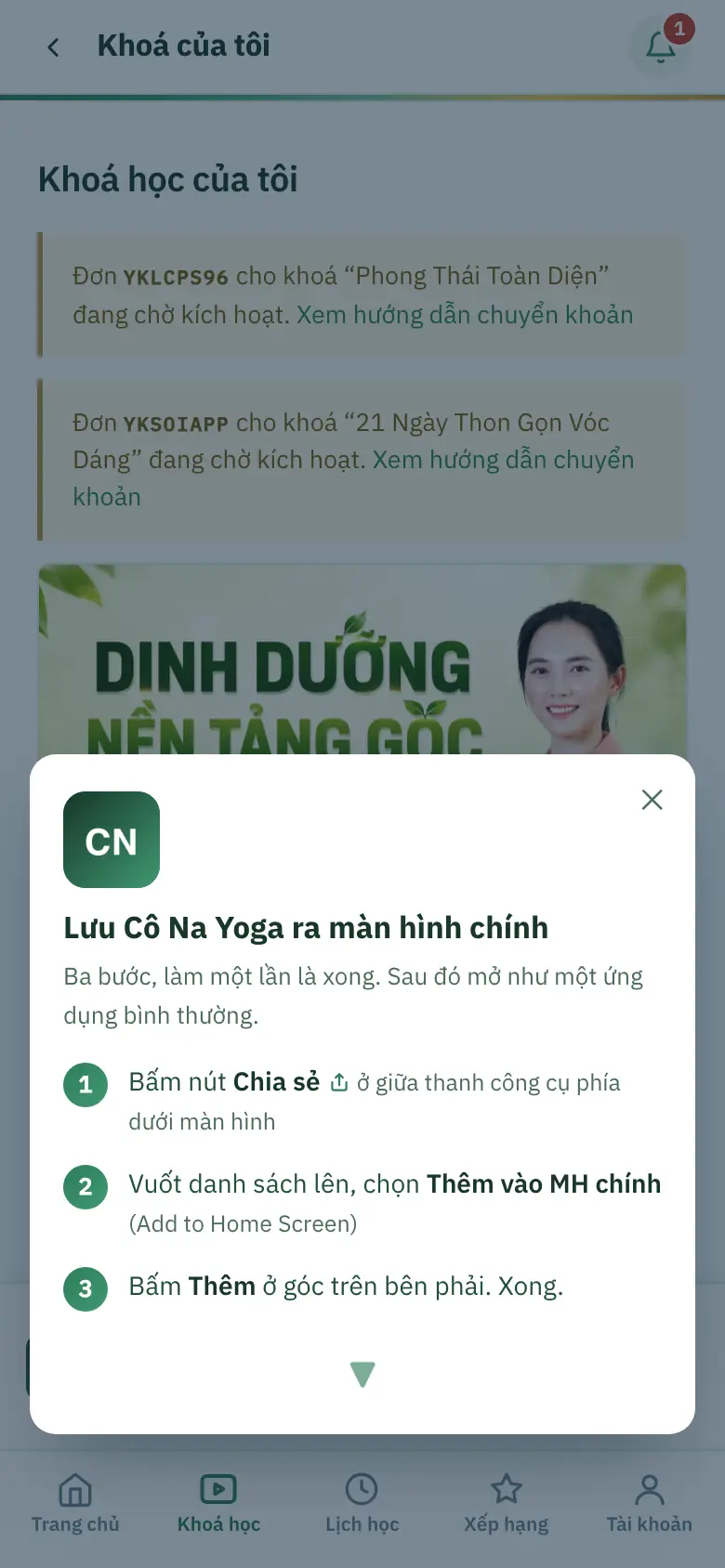 Bảng ba bước lưu web ra màn hình chính trên iPhone (hiện khi bấm Xem cách)