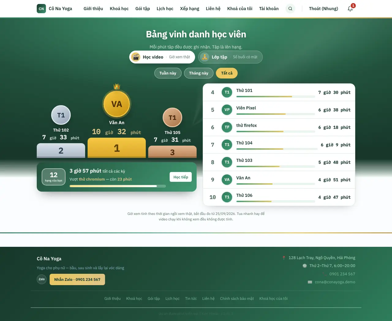 Máy tính, bảng Học video · Tất cả: bục top 3, ô hạng của bạn với dòng Vượt … — còn … và nút Học tiếp, danh sách từ hạng 4 ở cột phải